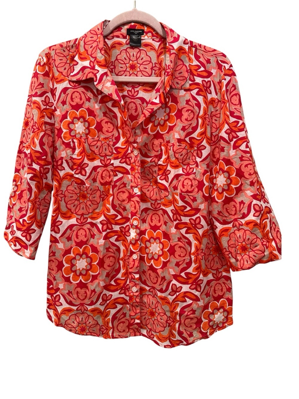 Lightweight Bold Floral Blouse Button Down Roll Tab Sleeves Semi Sheer Sz 14